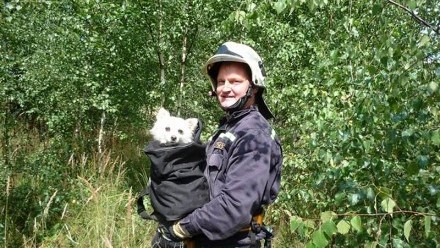 Zachráněný pejsek hasiči.